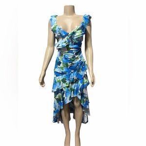 Alex Marie Blue Floral Ruffle Hi-Low Midi Dress Sz 2P Tropical Getaway